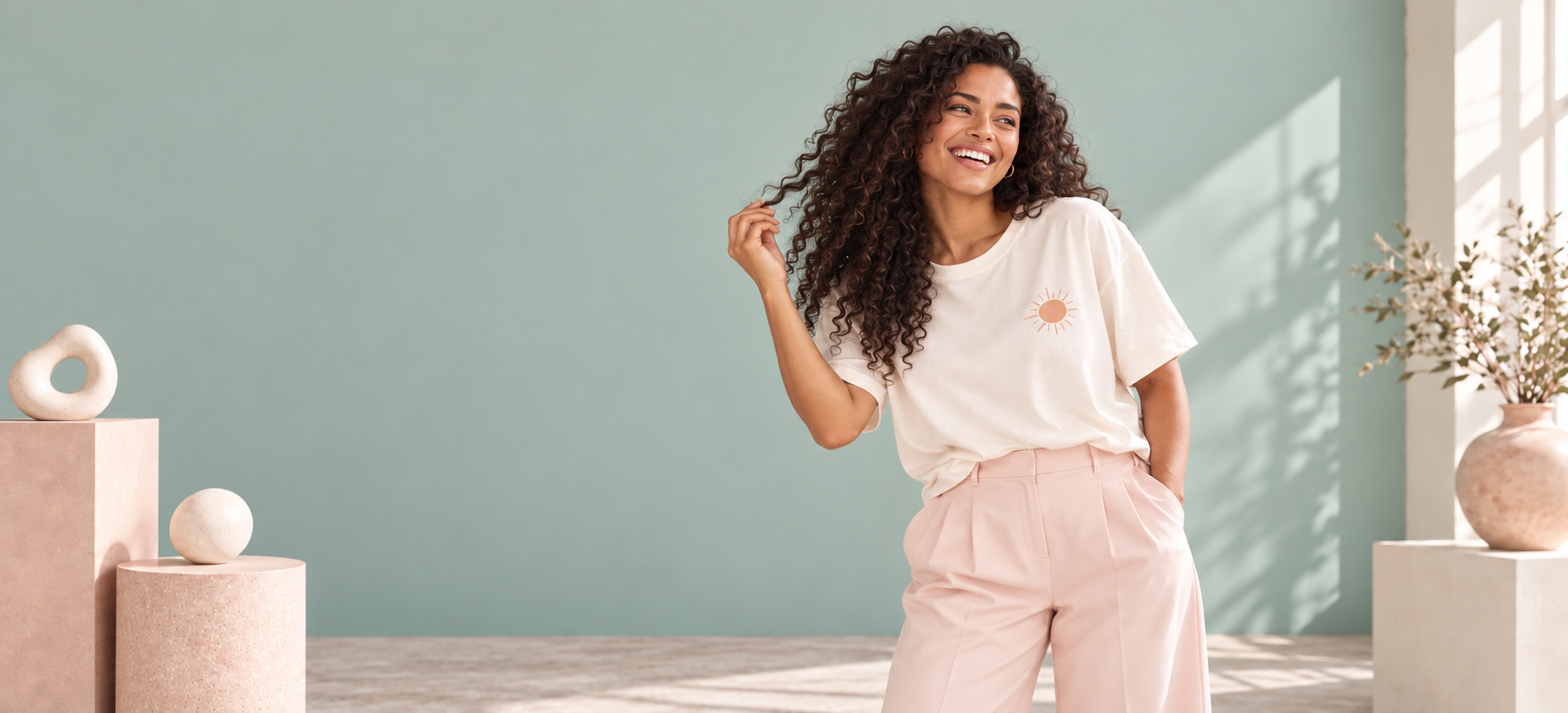 Model wearing a cream Meaningfully Made graphic tee