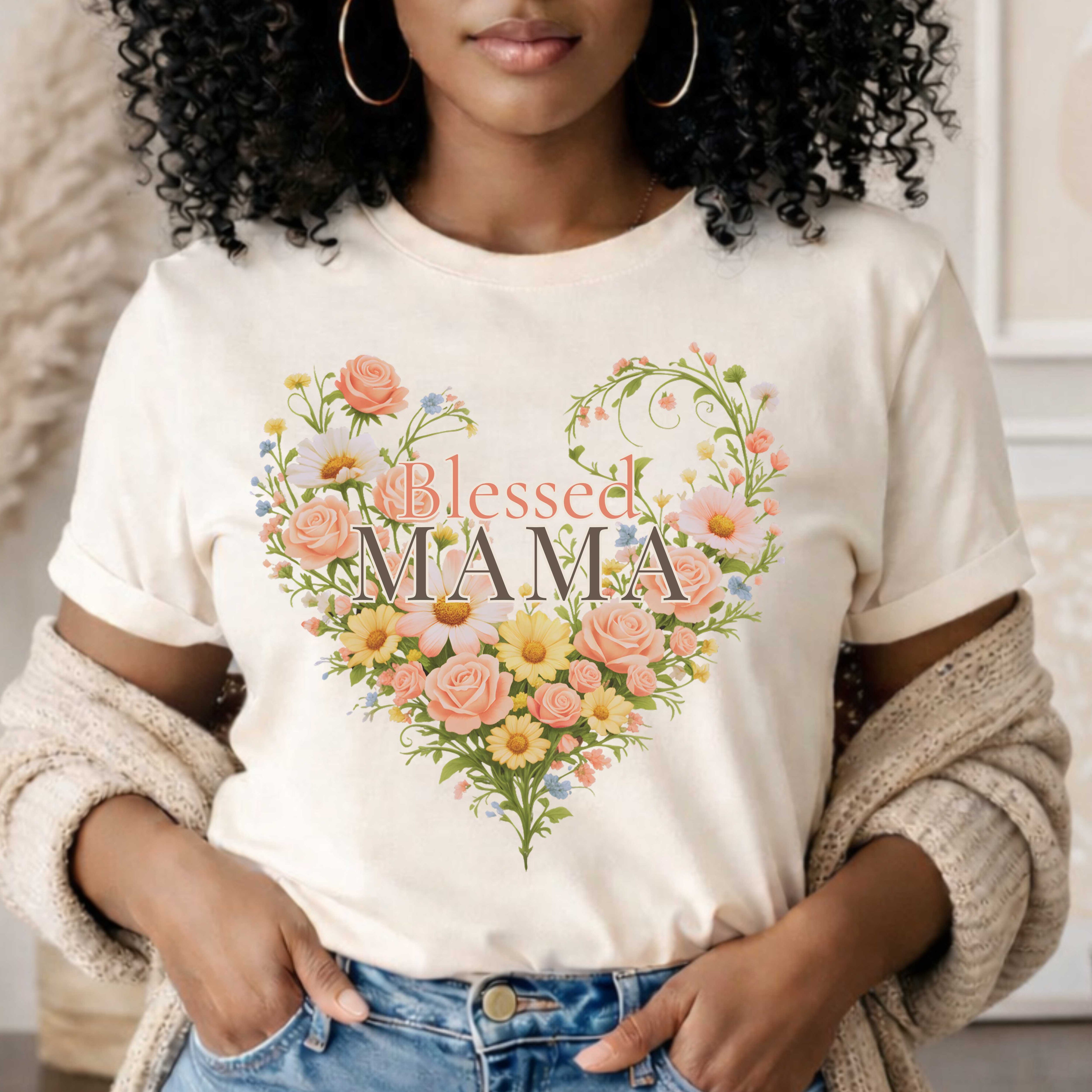 Blessed Mama Floral Heart T-Shirt