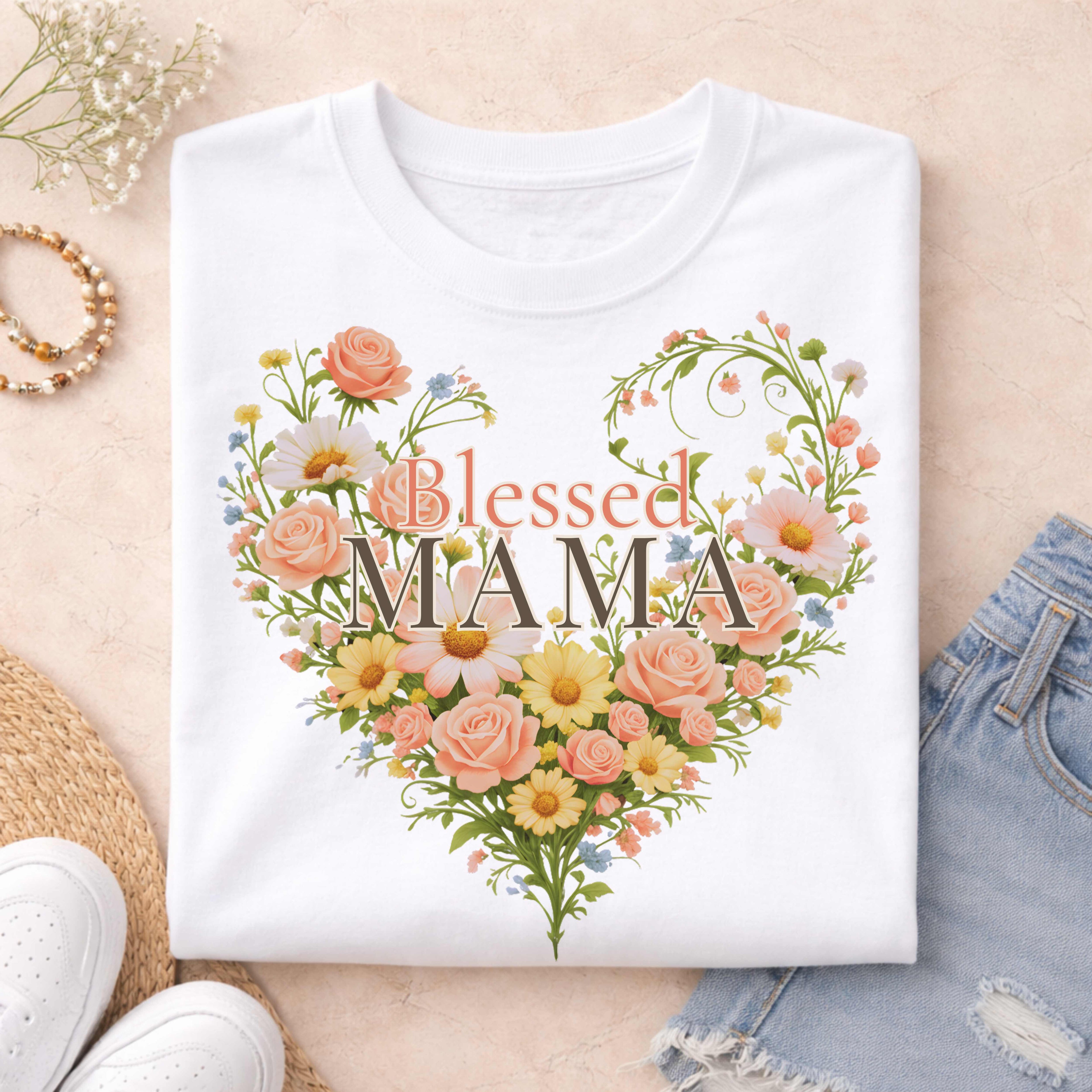 Blessed Mama Floral Heart T-Shirt
